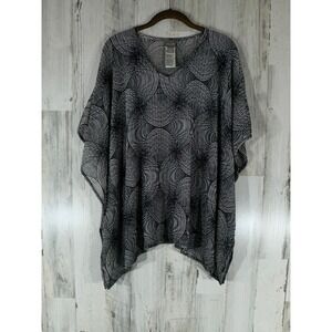 Chicos Mesh Blouse Top Size Medium Black White Geometric Print Sheer V Neck‎